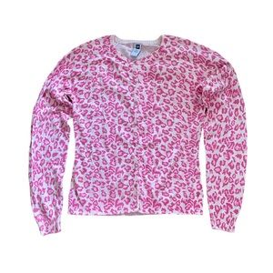 GAP youth pink animal print pink crystal buttons crew neck cardigan, long sleeve